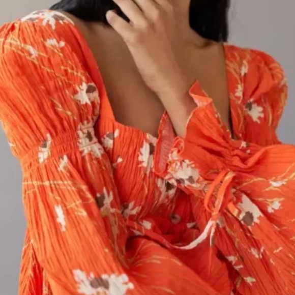 Urban Outfitters Allie tie sleeve orange floral button front bohemian blouse - Picture 4 of 11